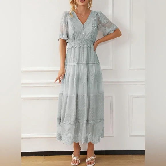 Happy sailed GRAY Maxi Dress with Lace Ruffle | Bohemian - NWOT Size Large - Picture 2 of 10